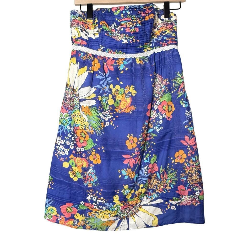 Shoshanna Dress Floral Blue Strapless Lined Cotton Silk Blend Mini Dress Women 2